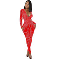 C5885   fashion sexy nightclub mesh see-through long sleeve v-neck jumpsuit women's bodysuit
