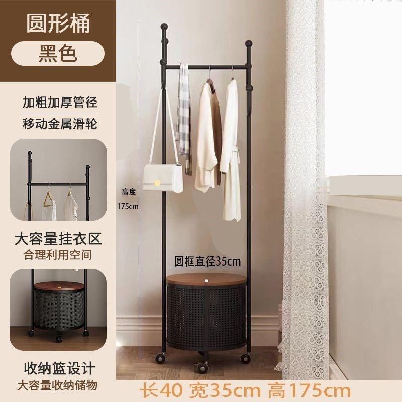 Bedroom floor-standing secondary net clothes hanger, small clothes hanger with dirty clothes basket, movable coat rack, round frame black