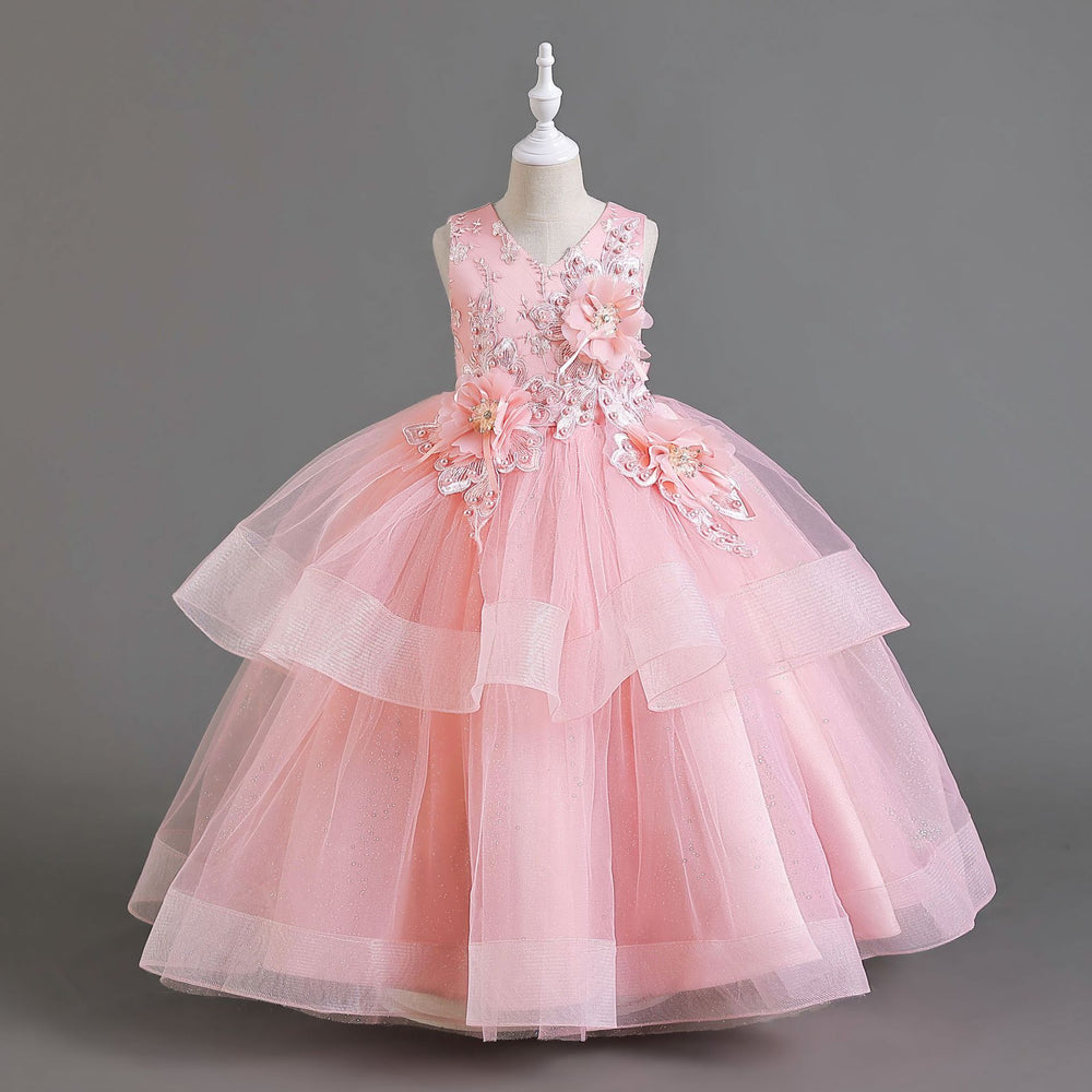 Export long skirt kids dress pearl flower wedding dress princess dress female flower girl birthday dress girl dress