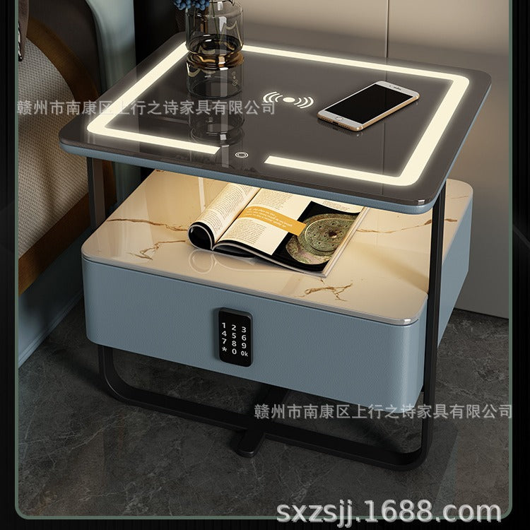 Smart white bedside table - minimalist bedroom nightstand with rock slab texture, tempered glass, solid wood, wireless charging, and storage