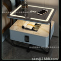 Smart white bedside table - minimalist bedroom nightstand with rock slab texture, tempered glass, solid wood, wireless charging, and storage