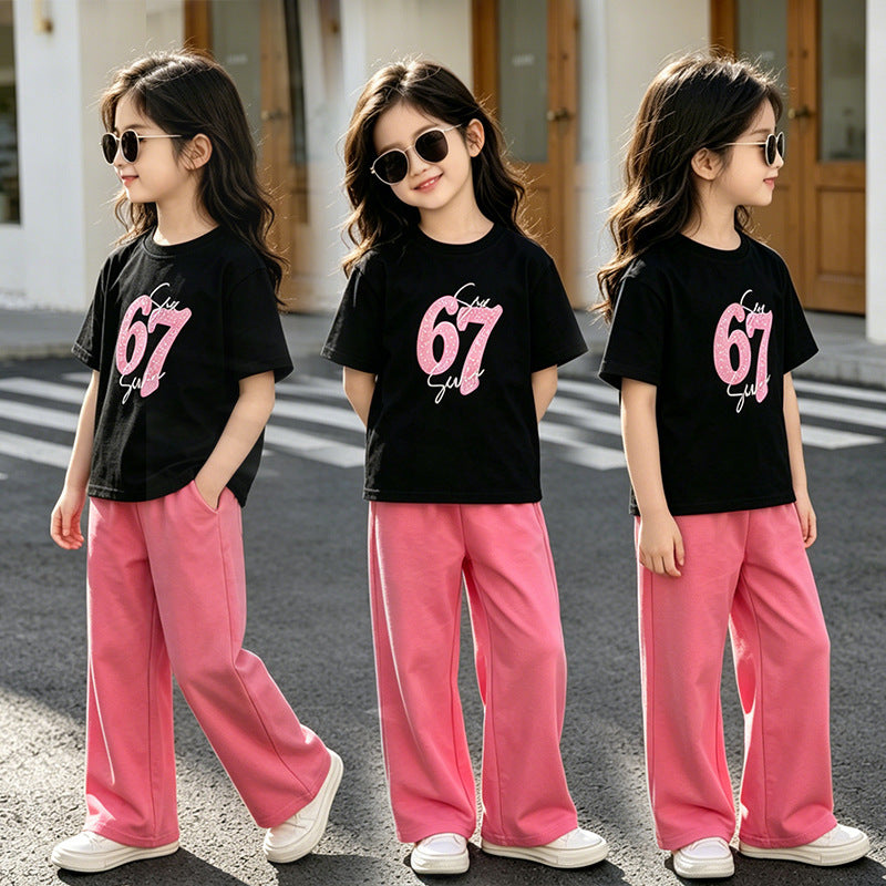Girls'  summer new arrival: trendy two-piece set - fashionable activewear outfit for girls, featuring a short-sleeve top and casual pants