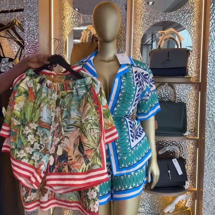 European and american cross-border women's clothing  summer new collection: casual vacation style printed loose-fit shirt and high-waisted shorts set