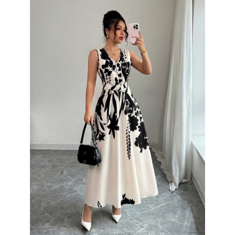 Women's summer new french chic casual minimalist printed cinched waist sleeveless midi dress - perfect for work