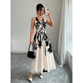 Women's summer new french chic casual minimalist printed cinched waist sleeveless midi dress - perfect for work