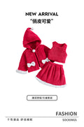 girlsuit red coral velvet hooded outwear vest tops skirtstuffedfall and winter three-piece suit