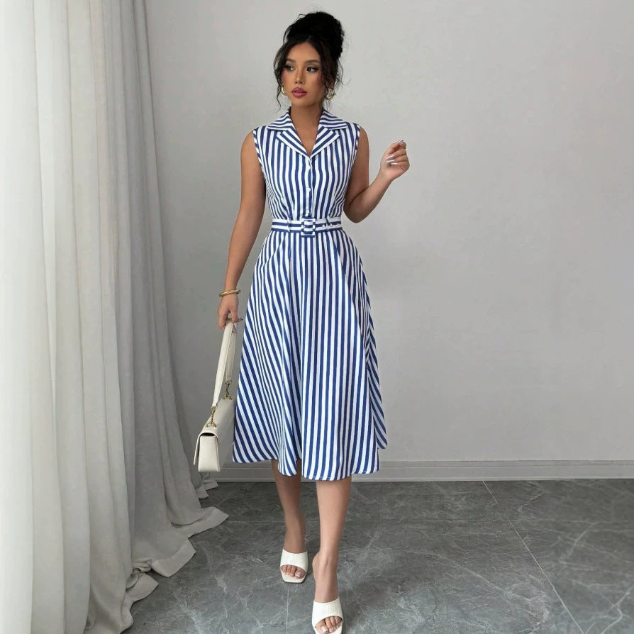 new european and american cross-border  hot-selling striped waist-defining maxi dress - elegant, slimming, sleeveless a-line skirt