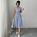 new european and american cross-border  hot-selling striped waist-defining maxi dress - elegant, slimming, sleeveless a-line skirt