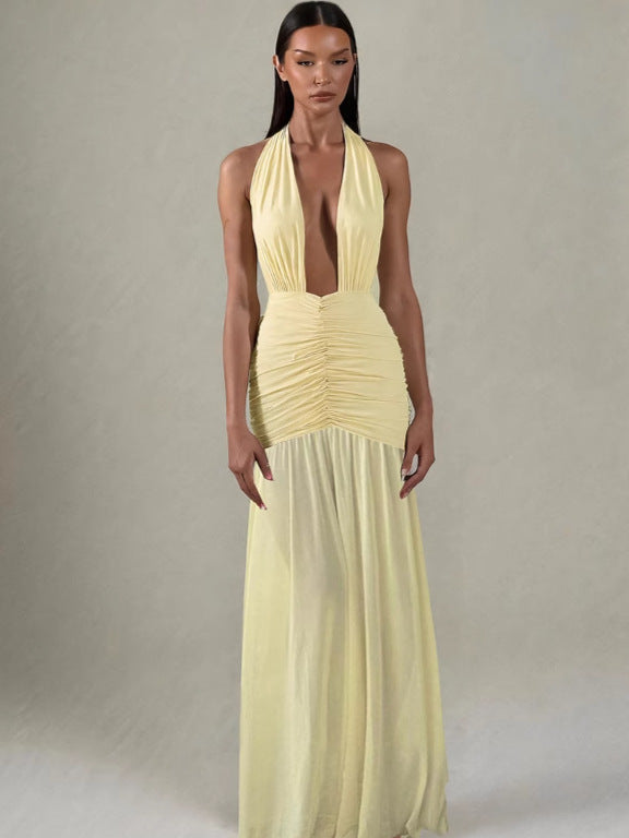 Amazon cross-border women's fashion:  autumn new arrival - elegant halter neck deep v-neck patchwork waist-defining backless dress