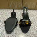 Za summer 2025 new one-strap floral high heel sandals, color block stiletto, everyday versatile sandals for women