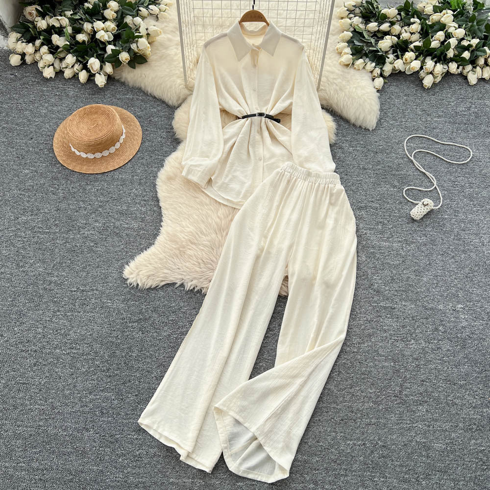 British style high-end elegant lady set: women's long-sleeved polo shirt + elastic waist wide-leg slim-fit trousers