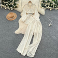 British style high-end elegant lady set: women's long-sleeved polo shirt + elastic waist wide-leg slim-fit trousers