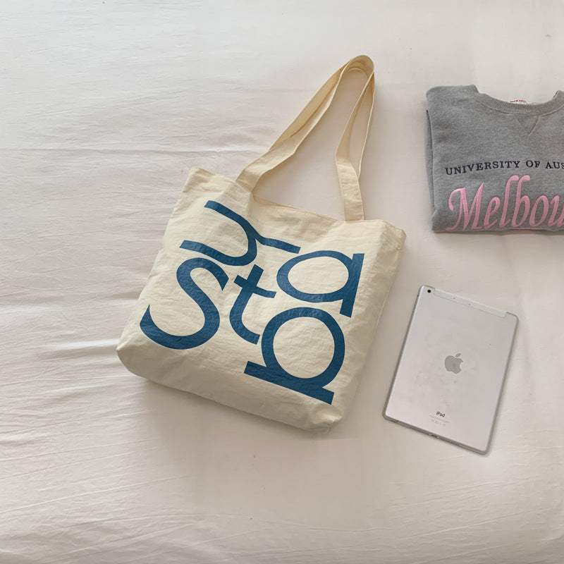 letterprinting nylon tote bag large capacity casualcontrast colorsatchel bag korean style simple canvas bag for women