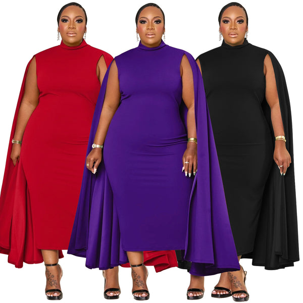 N8059 Cross-border African Large Size Women's Clothing Europe, America,  Fashion Solid Color Crew Neck Splicing Sleeve Hip Wrap Dress