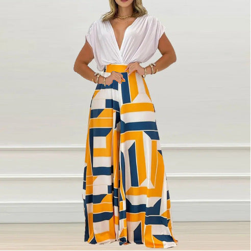 summer new women's clothing: cross-border european and american hot seller - printed batwing sleeve short-sleeve top, versatile and stylish set