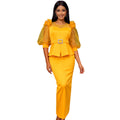 African fashion plus size round neck mesh bubble sleeve dress ruffle hem bodycon party gown