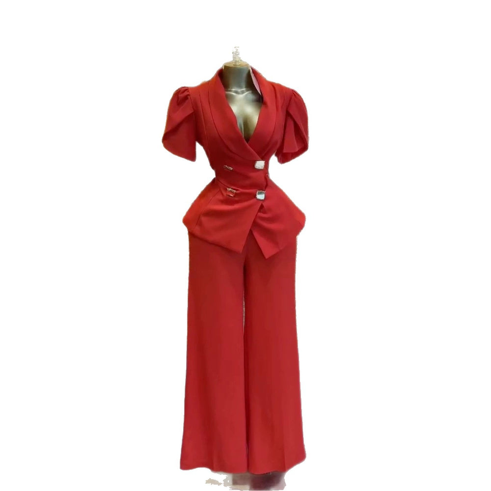 Fashion cross-border women's clothing  summer new arrivalelegantwork clothing double-breasted waist tops high waistpantssuit