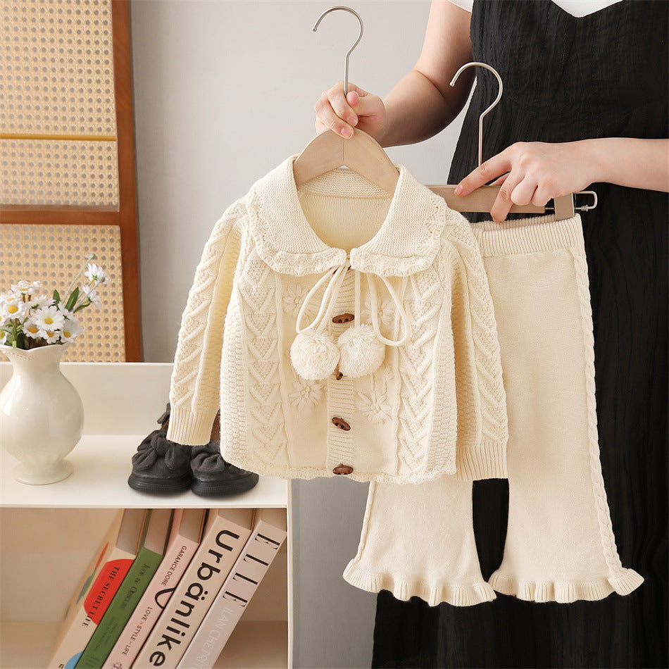 Girls' knit sweater set  new style: handmade flower pom-pom bowknot top and pants two-piece outfit for little girls