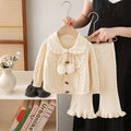 Girls' knit sweater set  new style: handmade flower pom-pom bowknot top and pants two-piece outfit for little girls