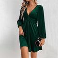 european and american women's clothing  fall/winter new sexy v-neck cinched waist a-line long sleeve party velvet dress