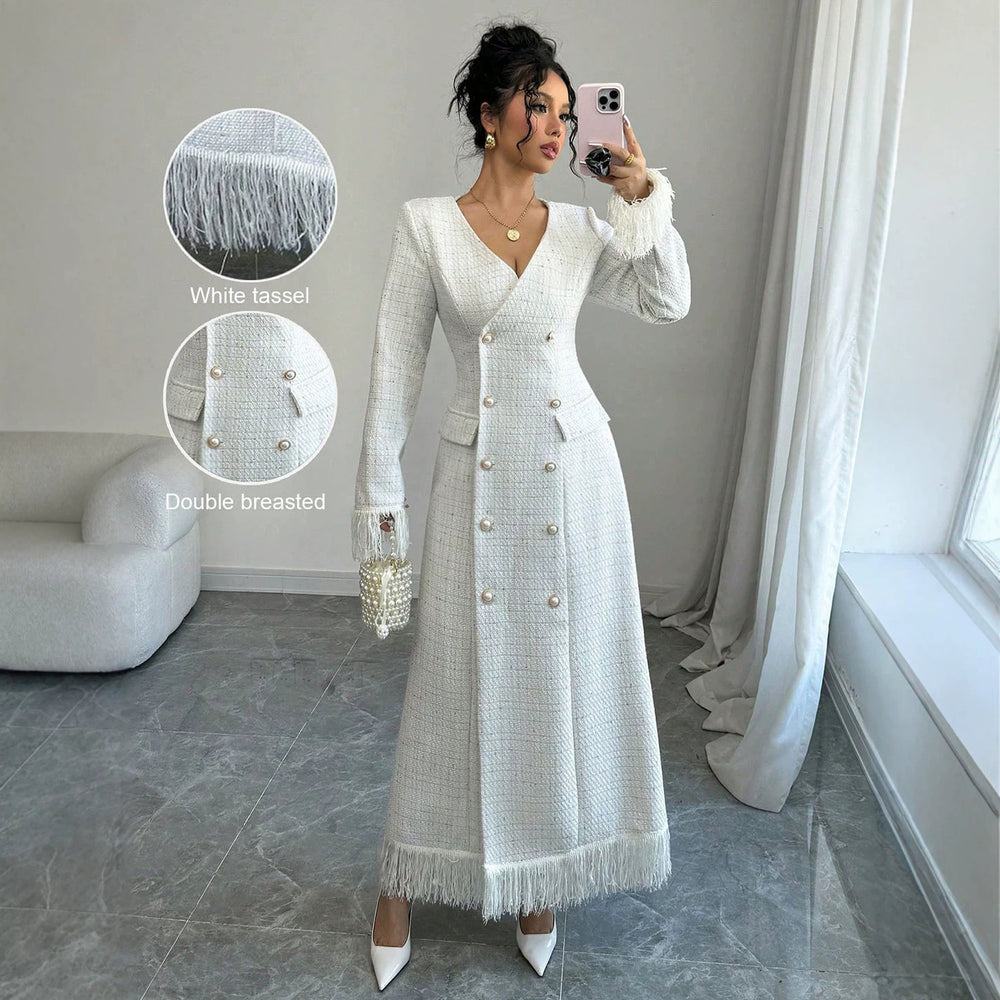 socialite style tweed longoutwear double row pearl button tassel patchworkslimming look silmdress