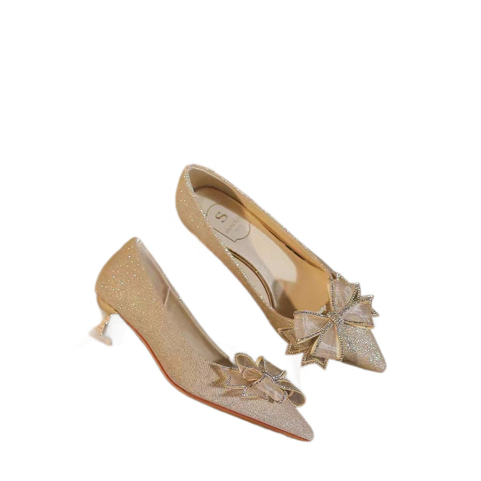 2025 new champagne butterfly wedding shoes - women's pointed toe low heel pumps