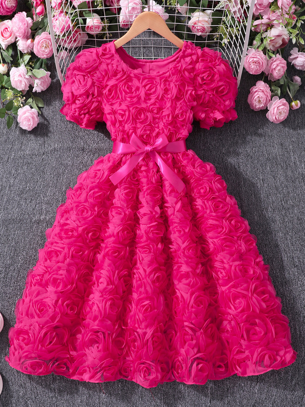 Girls' dress (sizes for mid-to-large children), 3d rose embellished dress + bow belt