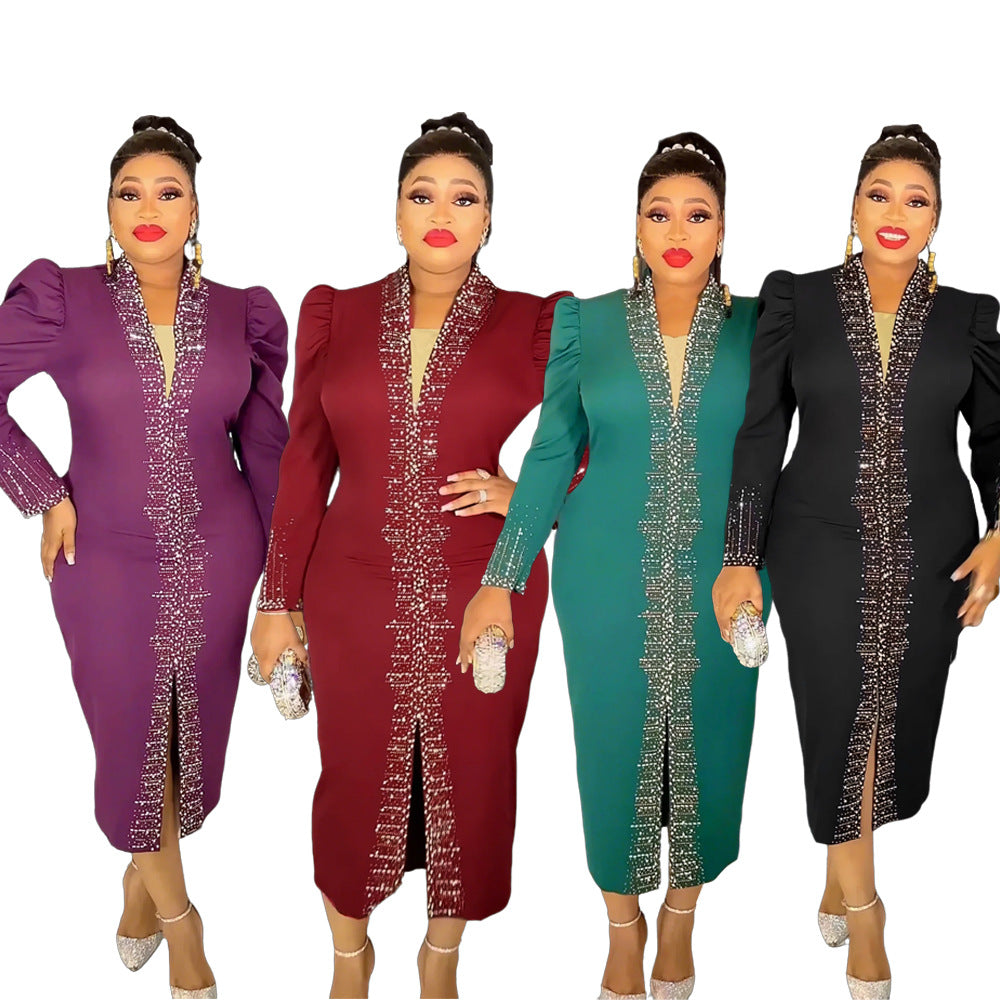 Temu cross-border e-commerce  fashionfashion women's clothing hot diamond beads african plus sizeolwork clothingdress