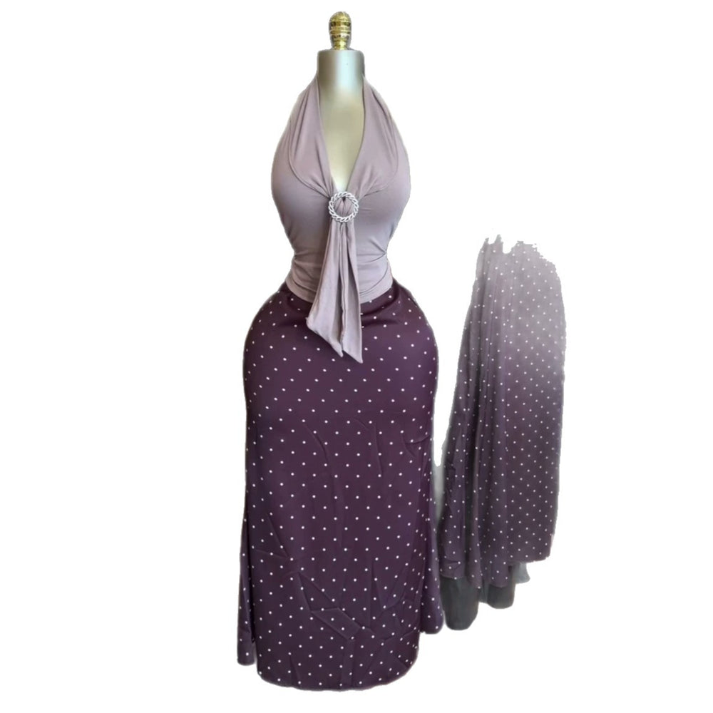 European and american cross-border women's fashion:  summer new arrival - elegant v-neck sleeveless top with polka dot midi skirt set