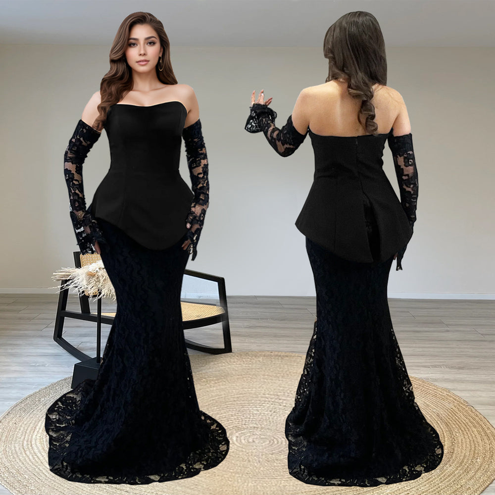 C7299 cross-border   fashion women's sexy bandeau see-through lace maxi dress two-piece set