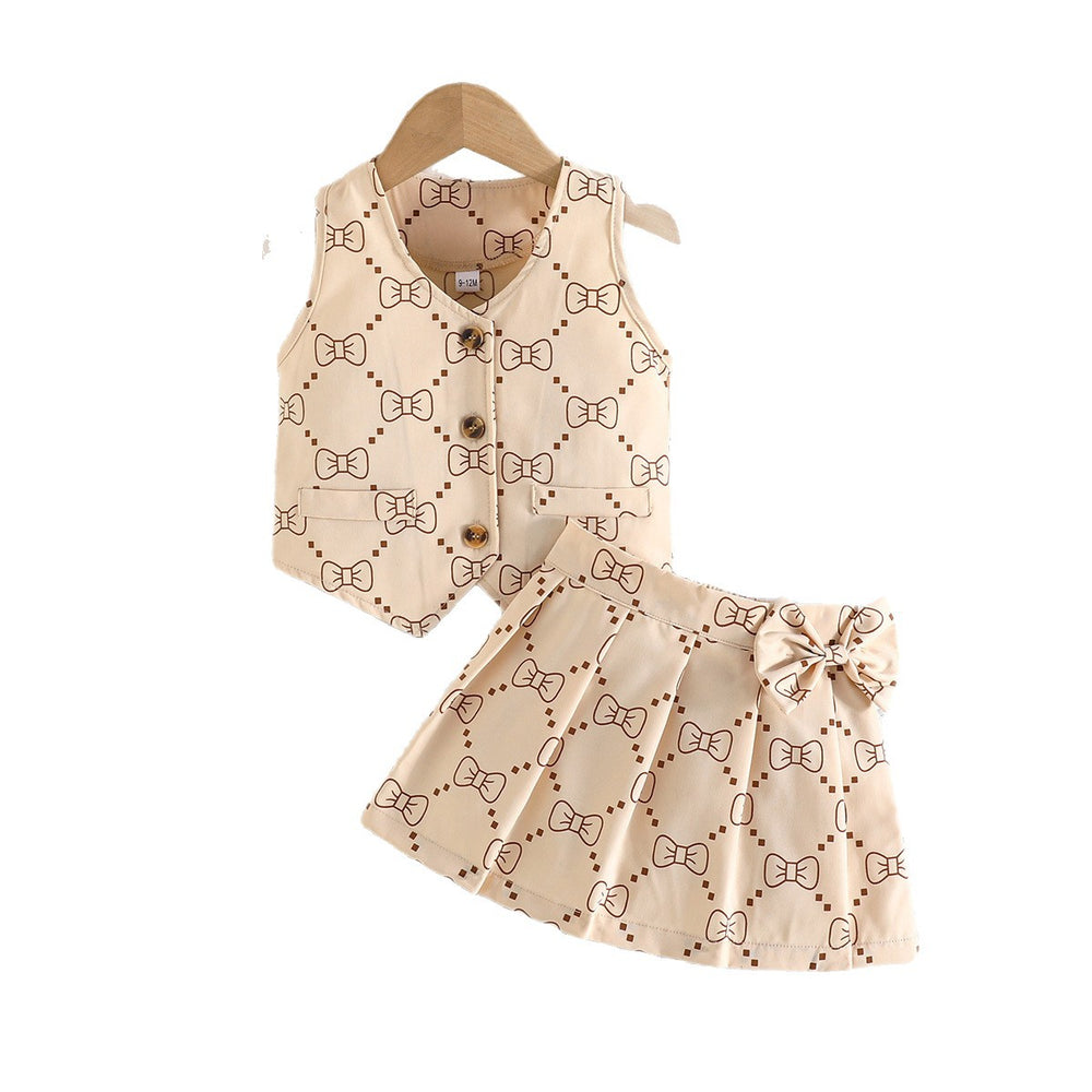new girls' retro bowknot all-over print vest and pleated skirt two-piece set