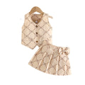 new girls' retro bowknot all-over print vest and pleated skirt two-piece set