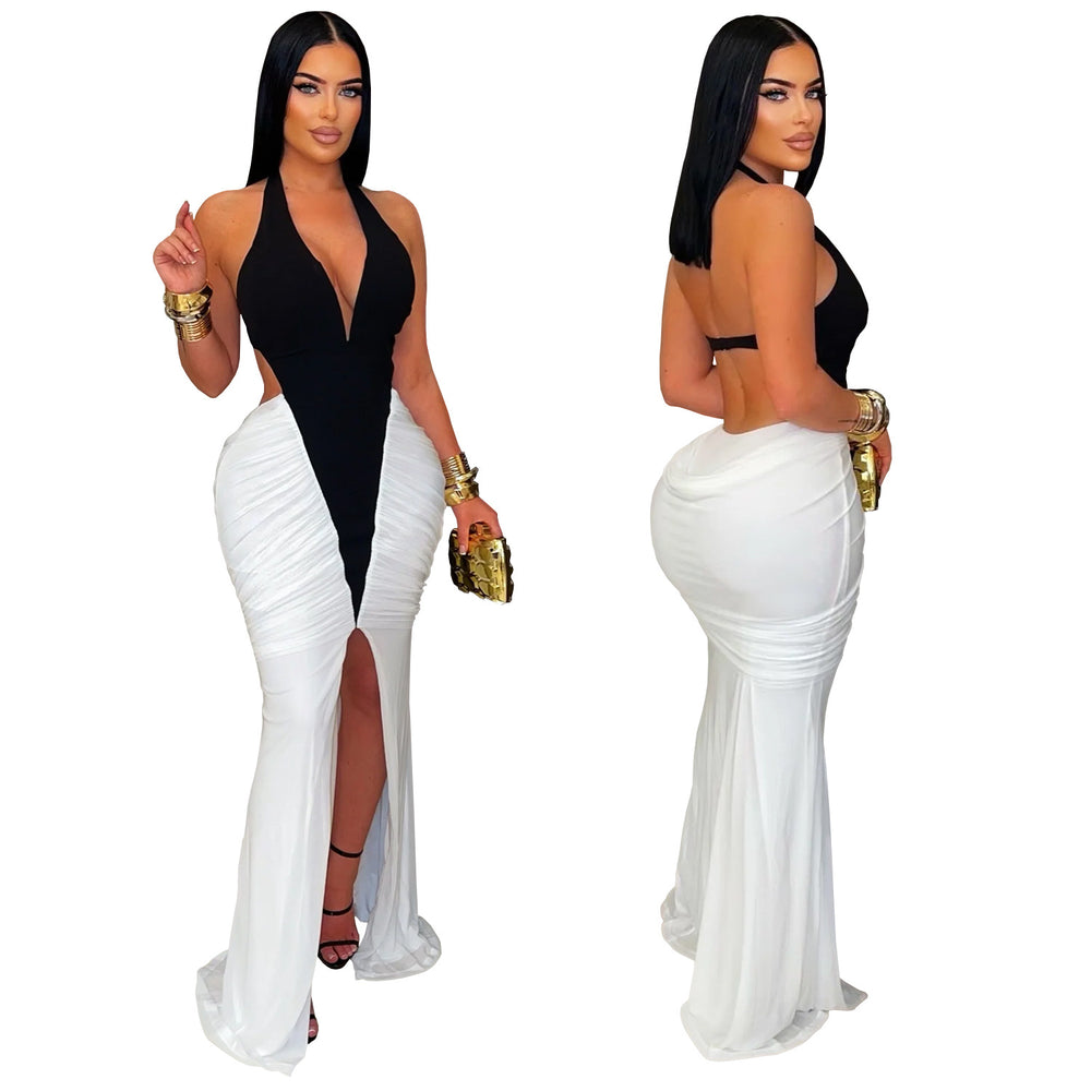 C7573 cross-border   fashion women's sexy v-neck sleeveless slit backless dress