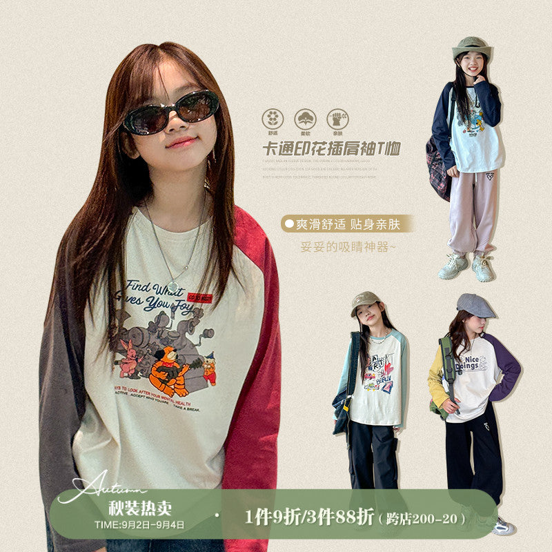 Girls' t-shirt autumn collection : new color block sleeve cartoon loose fit long sleeve top - stylish and trendy base layer for mid-to-large sized girls