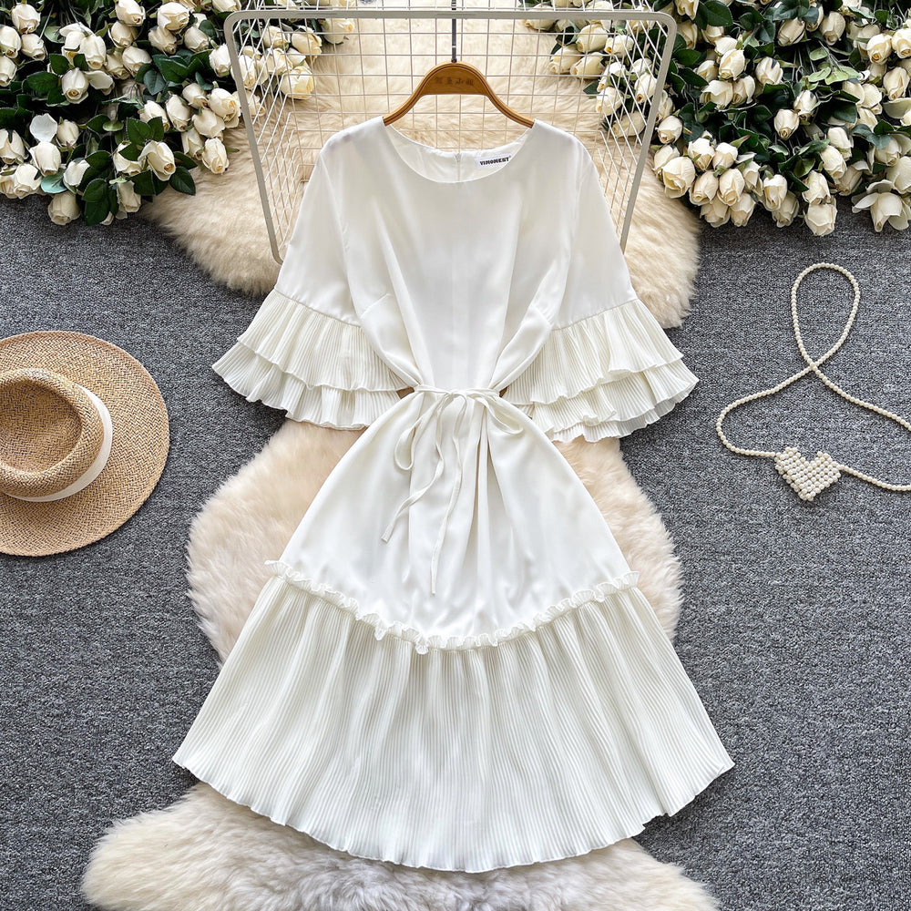K-style lantern sleeve pleated short-sleeved dress women's spring strap waist pleated a-line skirt slimming lookwork clothing skirt