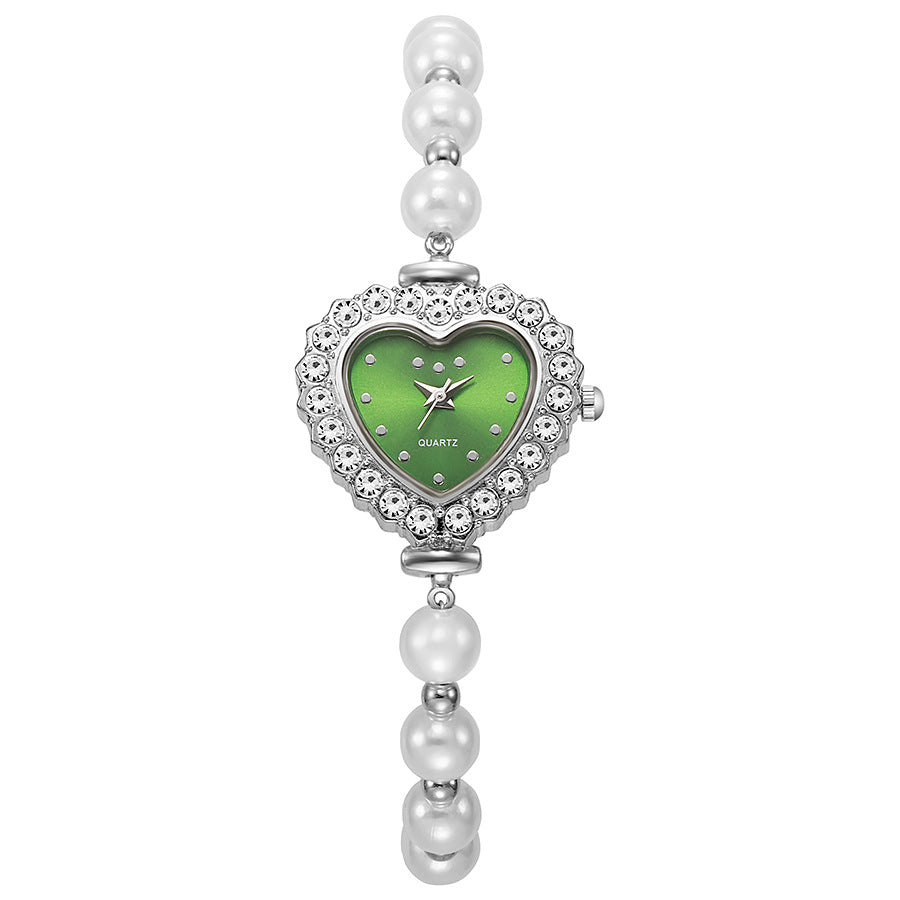 New arrivalfashionelegant small rhinestone women's watch heart diamond-encrusted preppy style small dial pearl bracelet watch
