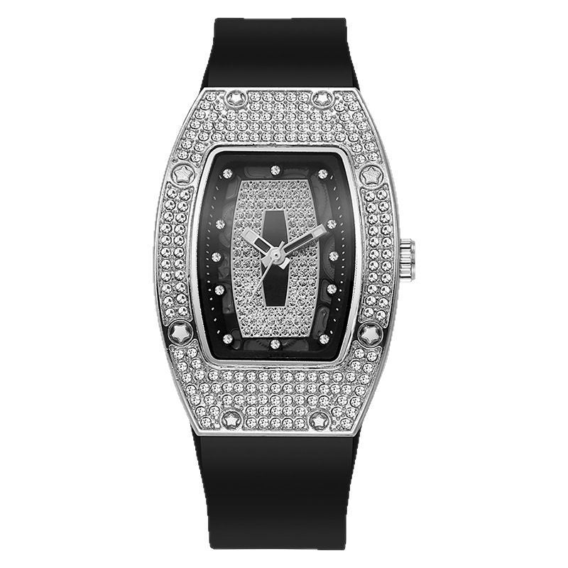 Whiskey barrel-shaped diamond-accented quartz watch - fashionable, trendy, and elegant women's silicone wristwatch - wholesale white
