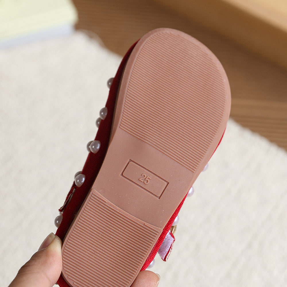 Vancahao girls' french round-toe flats with pearl detail -  spring new collection, soft sole, single strap, flat shoes
