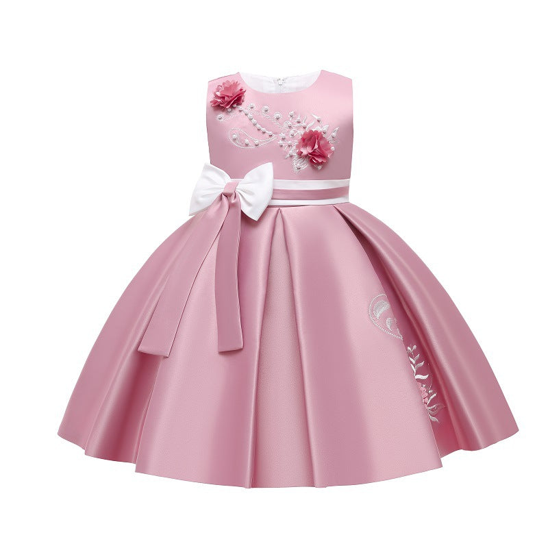 Export children's wear kids' formal dress princess dress girls' color block bow embroidered vest piano performance dress