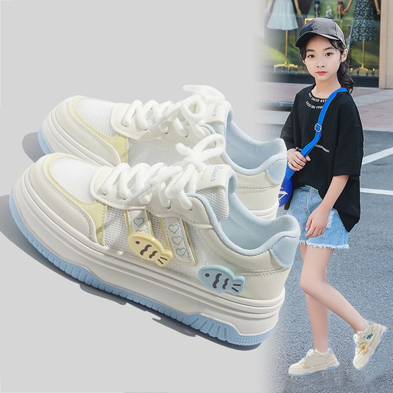 Girls' athletic shoes: new  summer collection - kids' mesh panel sneakers, breathable white shoes for girls, and chunky dad shoes for mid-to-large children