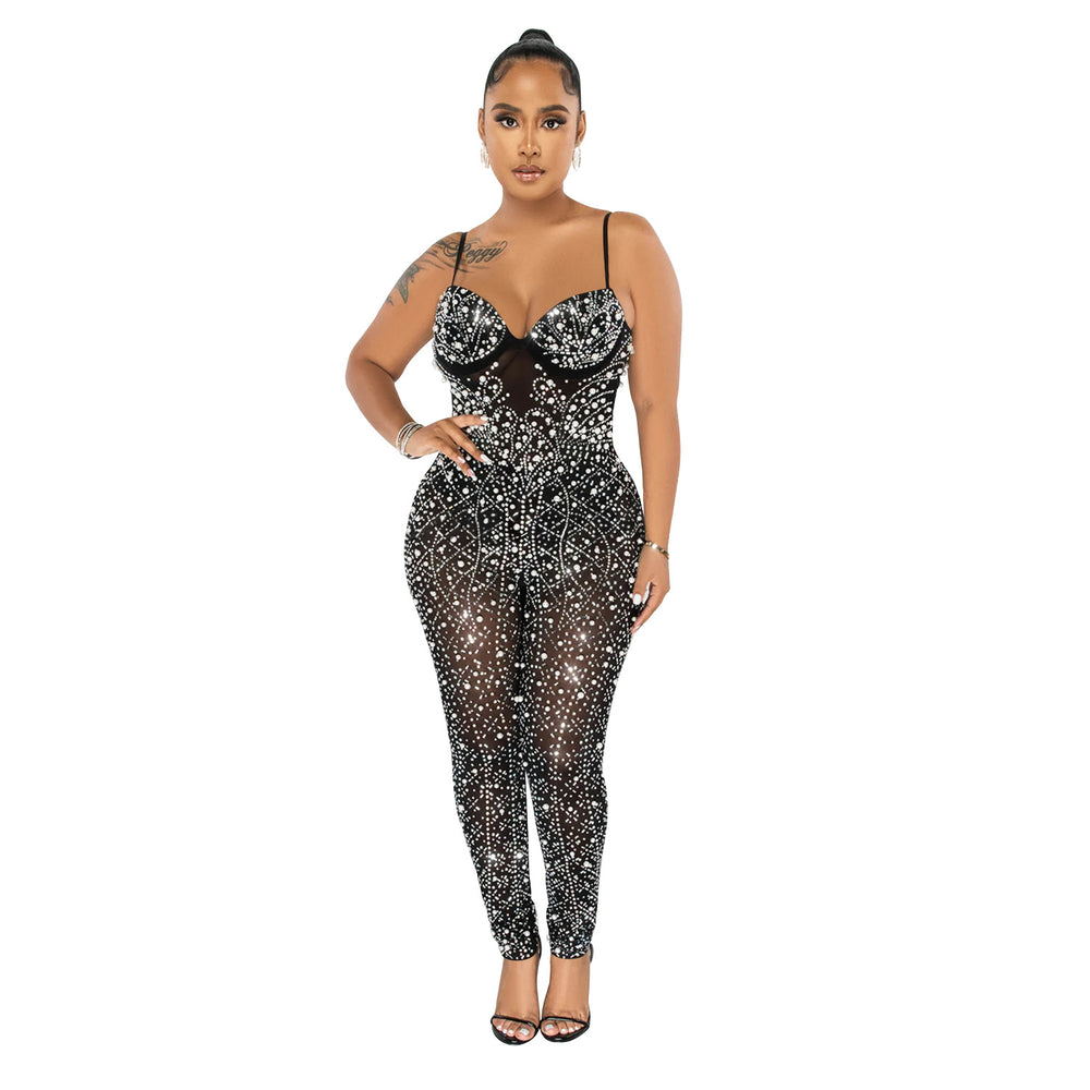 C6272 cross-border   fashion women's solid color mesh rhinestone sleeveless pants jumpsuit