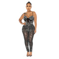 C6272 cross-border   fashion women's solid color mesh rhinestone sleeveless pants jumpsuit