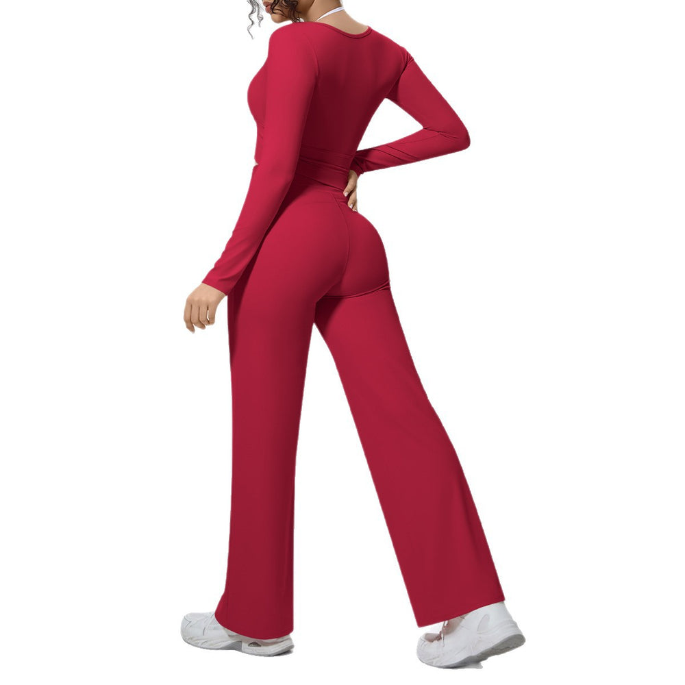 Naked feel quick-drying tight-fitting yoga clothes fake two-piece with chest pad sports long sleeves drawstring wide-leg running fitness suit for women