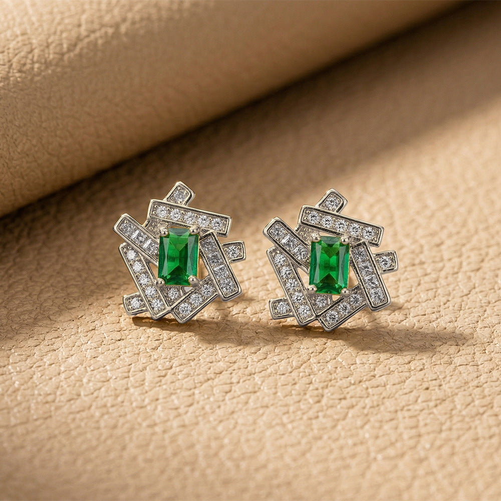 Stylishfashion copper inlaid zirconium emerald geometric necklace women's light luxury easiest for matchelegantcasual non-fading earrings suit
