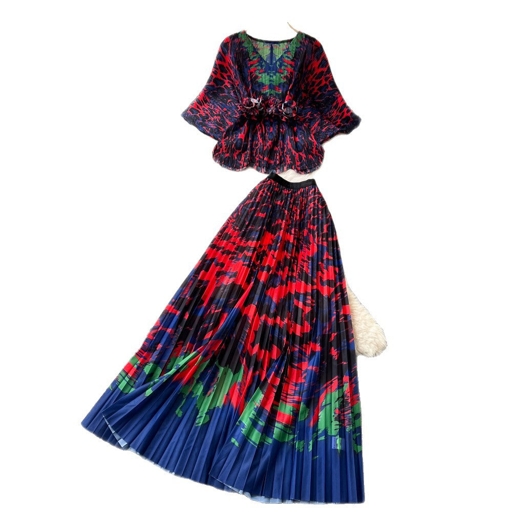 French chic leopard print two-piece set: women's autumn v-neck fitted top and flared pleated skirt