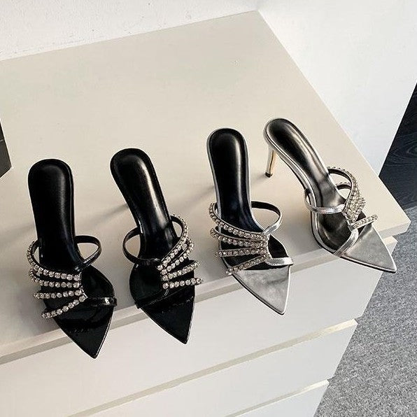 Xd huizhou autumn new european and american style rhinestone pointed toe stiletto heel women's open toe sexy versatile slippers