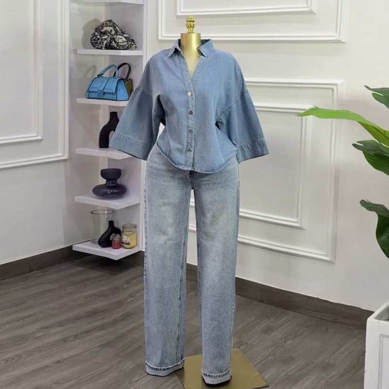 European and american cross-border women's fashion:  summer new arrival - stylish, loose-fit, plus-size, turn-down collar blue denim shirt jacket top