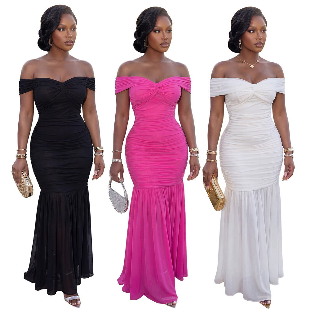 C7660 cross-border   fashion women's sexy solid color mesh bandeau bodycon dress
