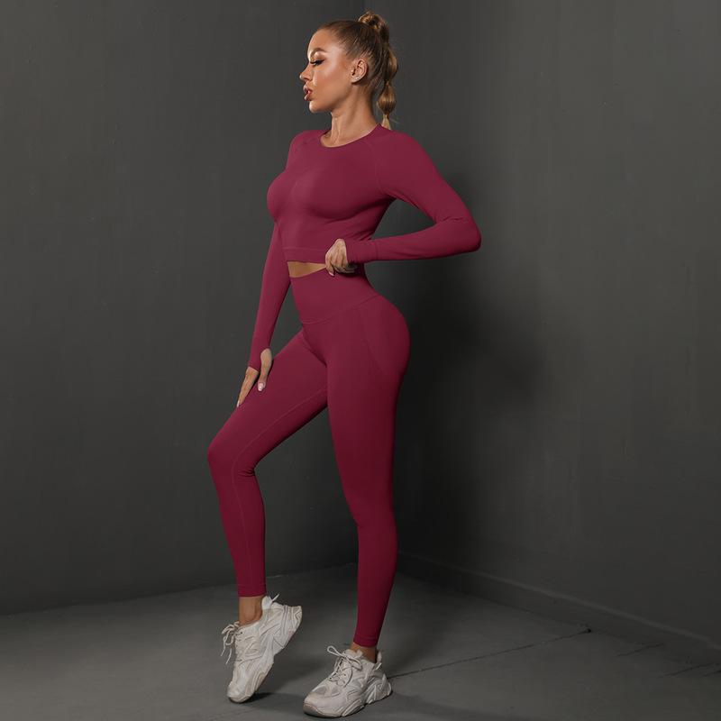 New solid color knitted peach lift tight yoga leggings set - seamless fitness activewear for women, perfect for running and yoga
