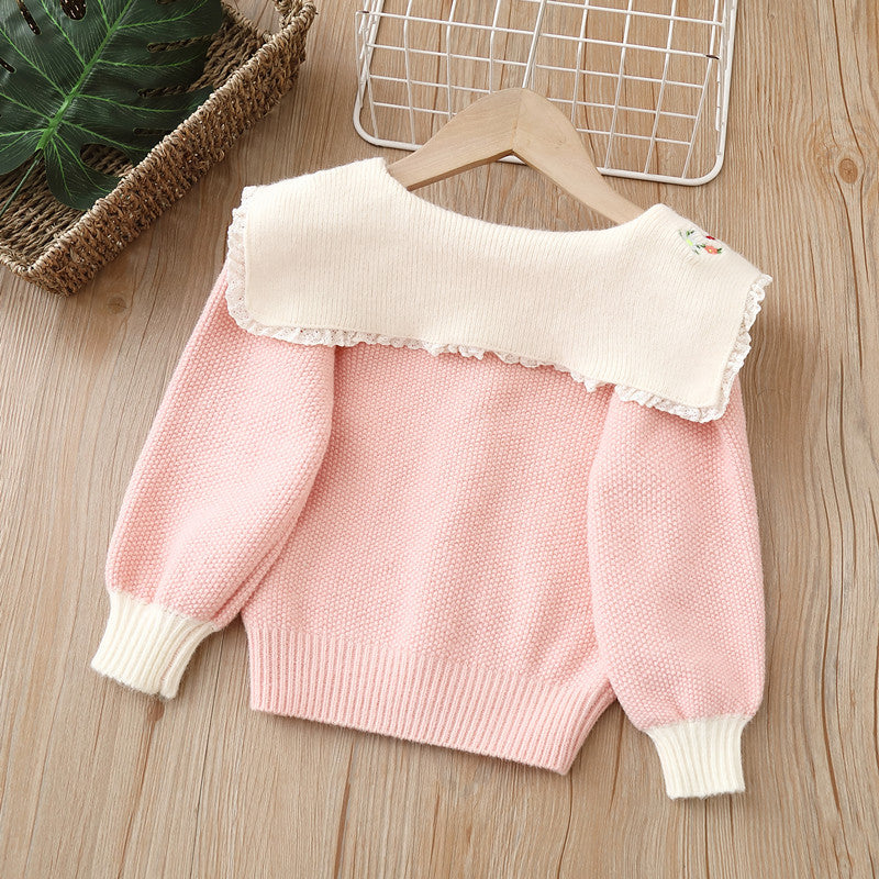 Girls' cardigan sweater, children's knitwear,  autumn/winter new arrival, turn-down collar embroidered girl's outerwear, little girl's top